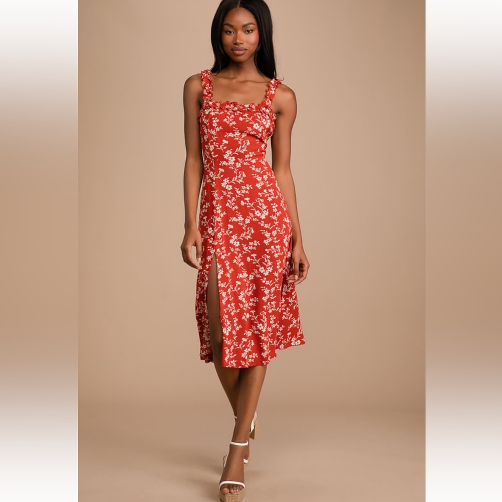 Lulus Garden Date Red Orange Floral Print Ruffle Midi Dress